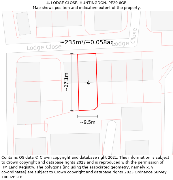 4, LODGE CLOSE, HUNTINGDON, PE29 6GR: Plot and title map