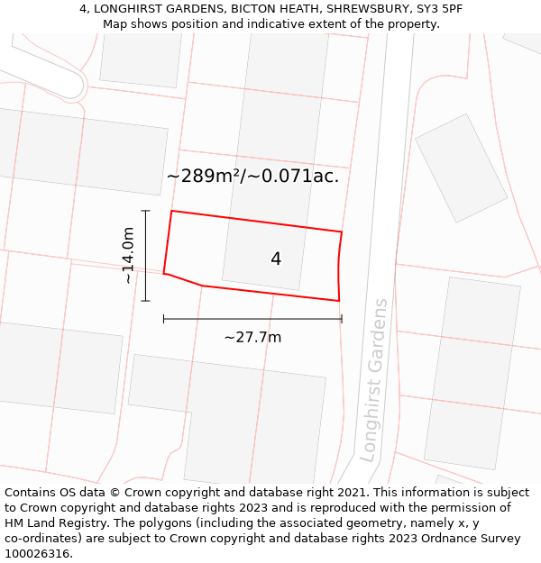 4, LONGHIRST GARDENS, BICTON HEATH, SHREWSBURY, SY3 5PF: Plot and title map