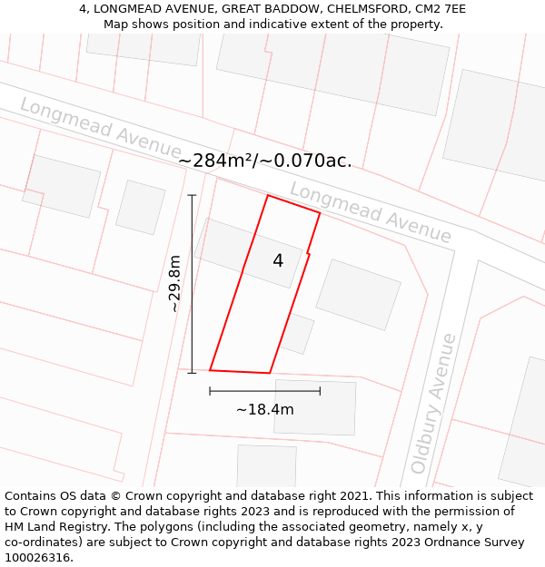 4, LONGMEAD AVENUE, GREAT BADDOW, CHELMSFORD, CM2 7EE: Plot and title map