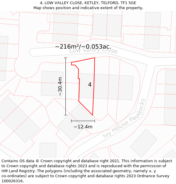 4, LOW VALLEY CLOSE, KETLEY, TELFORD, TF1 5GE: Plot and title map