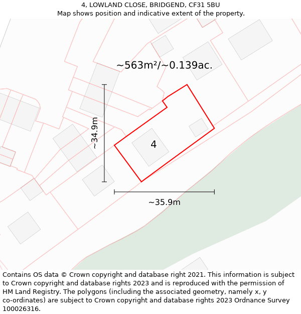 4, LOWLAND CLOSE, BRIDGEND, CF31 5BU: Plot and title map