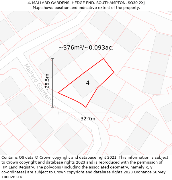 4, MALLARD GARDENS, HEDGE END, SOUTHAMPTON, SO30 2XJ: Plot and title map