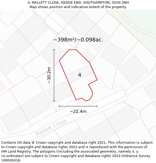 4, MALLETT CLOSE, HEDGE END, SOUTHAMPTON, SO30 2NH: Plot and title map