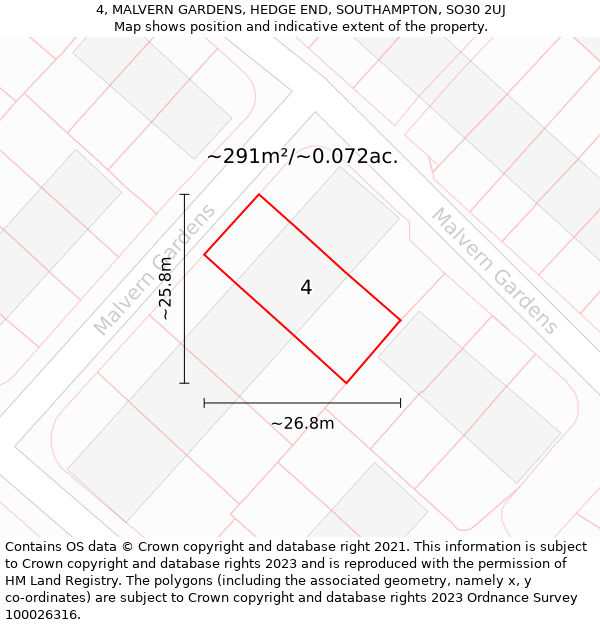 4, MALVERN GARDENS, HEDGE END, SOUTHAMPTON, SO30 2UJ: Plot and title map