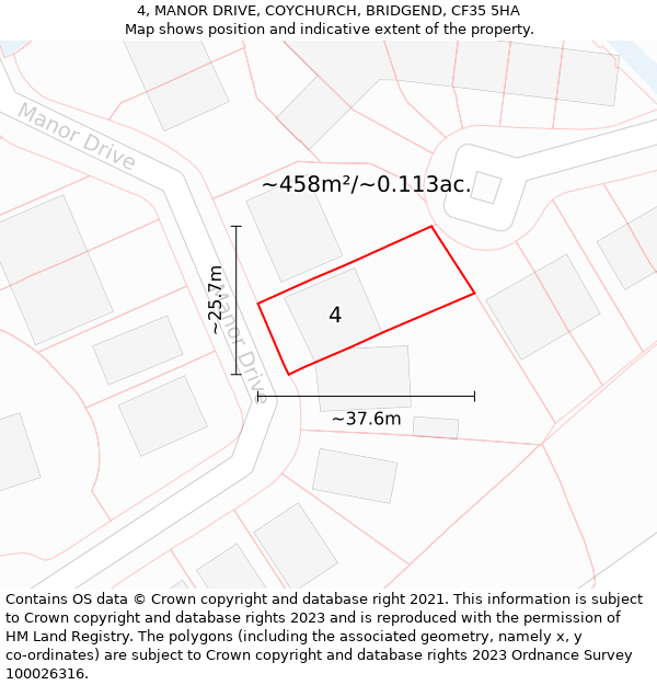 4, MANOR DRIVE, COYCHURCH, BRIDGEND, CF35 5HA: Plot and title map