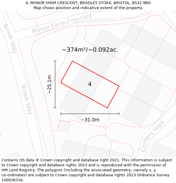 4, MANOR FARM CRESCENT, BRADLEY STOKE, BRISTOL, BS32 9BD: Plot and title map