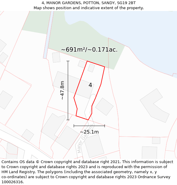 4, MANOR GARDENS, POTTON, SANDY, SG19 2BT: Plot and title map