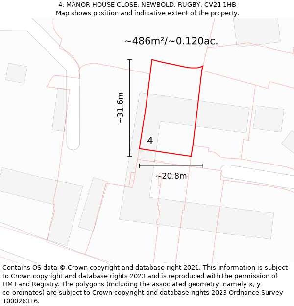 4, MANOR HOUSE CLOSE, NEWBOLD, RUGBY, CV21 1HB: Plot and title map