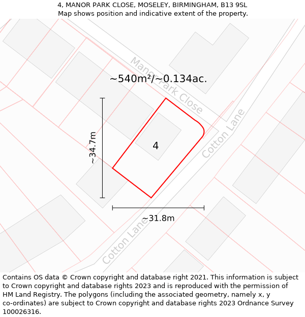 4, MANOR PARK CLOSE, MOSELEY, BIRMINGHAM, B13 9SL: Plot and title map