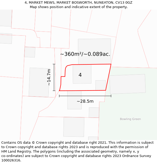 4, MARKET MEWS, MARKET BOSWORTH, NUNEATON, CV13 0GZ: Plot and title map