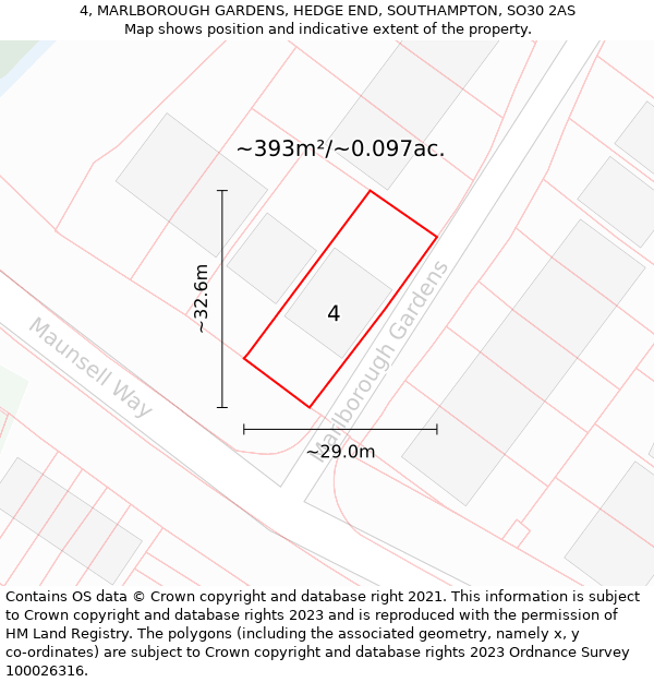 4, MARLBOROUGH GARDENS, HEDGE END, SOUTHAMPTON, SO30 2AS: Plot and title map