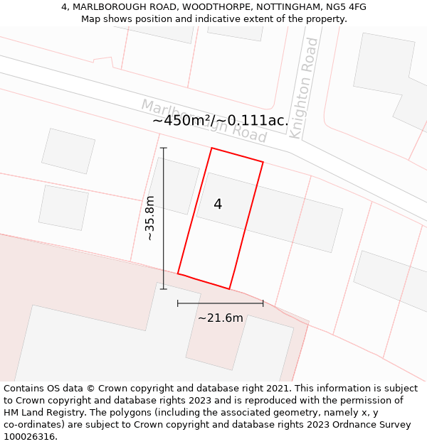 4, MARLBOROUGH ROAD, WOODTHORPE, NOTTINGHAM, NG5 4FG: Plot and title map