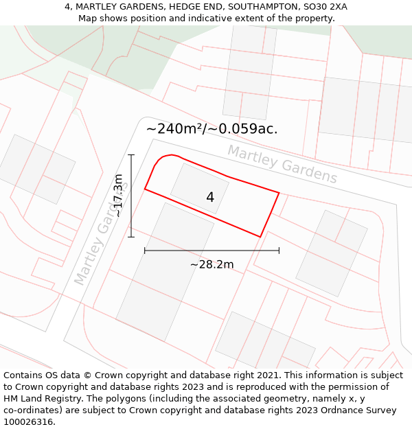 4, MARTLEY GARDENS, HEDGE END, SOUTHAMPTON, SO30 2XA: Plot and title map