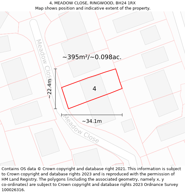 4, MEADOW CLOSE, RINGWOOD, BH24 1RX: Plot and title map