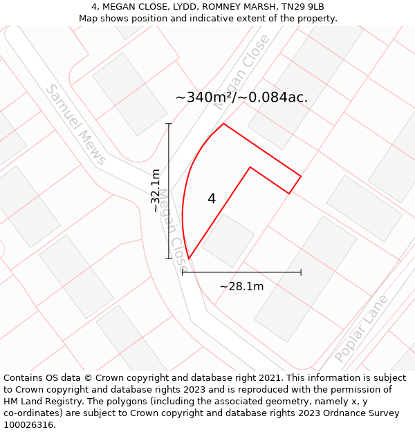 4, MEGAN CLOSE, LYDD, ROMNEY MARSH, TN29 9LB: Plot and title map