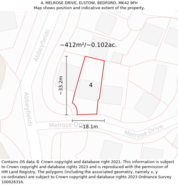 4, MELROSE DRIVE, ELSTOW, BEDFORD, MK42 9FH: Plot and title map