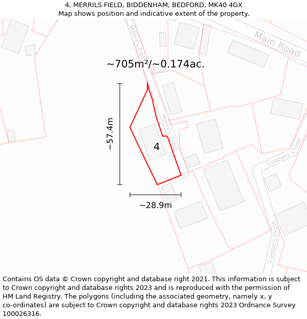 4, MERRILS FIELD, BIDDENHAM, BEDFORD, MK40 4GX: Plot and title map