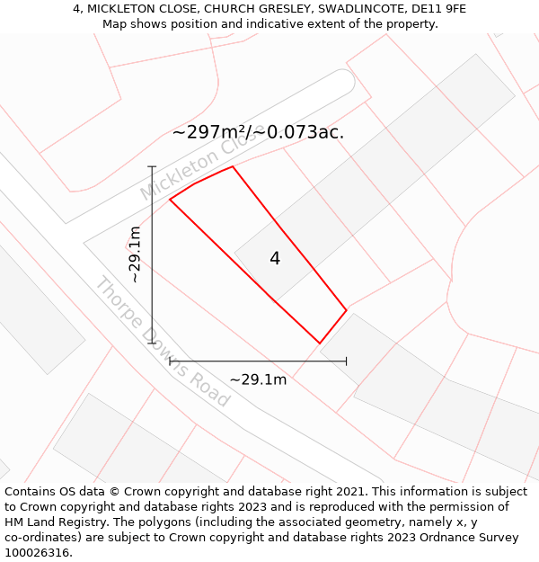 4, MICKLETON CLOSE, CHURCH GRESLEY, SWADLINCOTE, DE11 9FE: Plot and title map