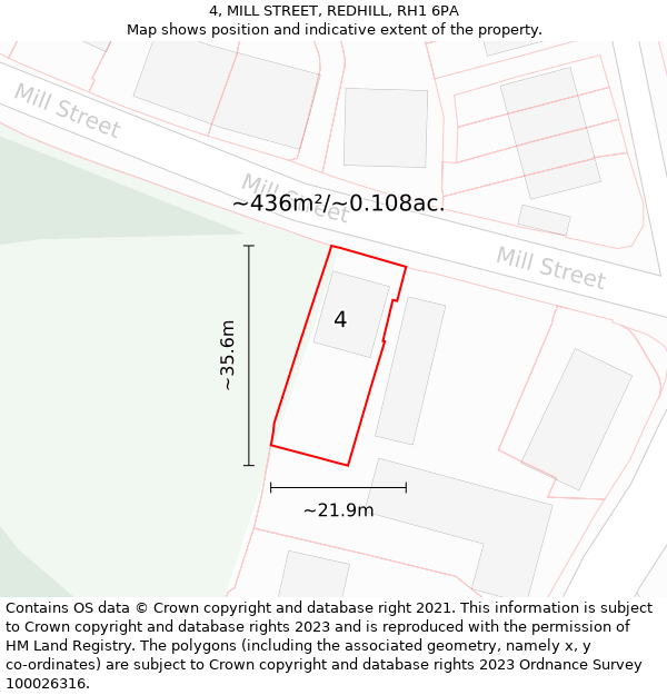 4, MILL STREET, REDHILL, RH1 6PA: Plot and title map
