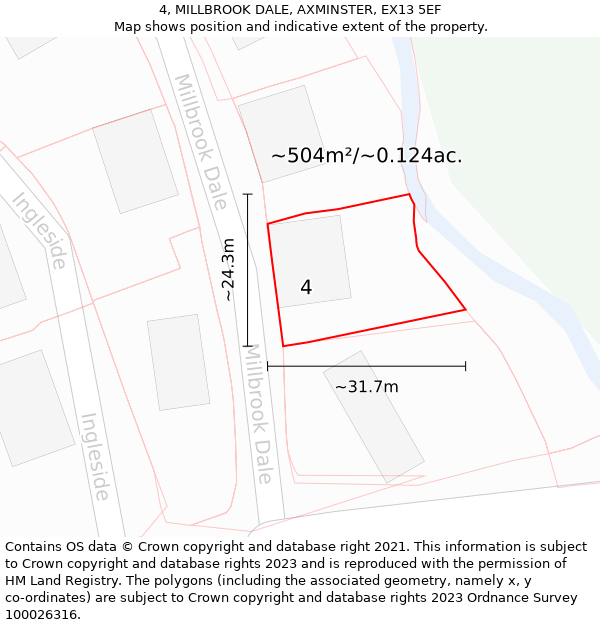 4, MILLBROOK DALE, AXMINSTER, EX13 5EF: Plot and title map