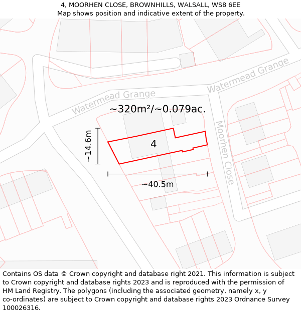 4, MOORHEN CLOSE, BROWNHILLS, WALSALL, WS8 6EE: Plot and title map