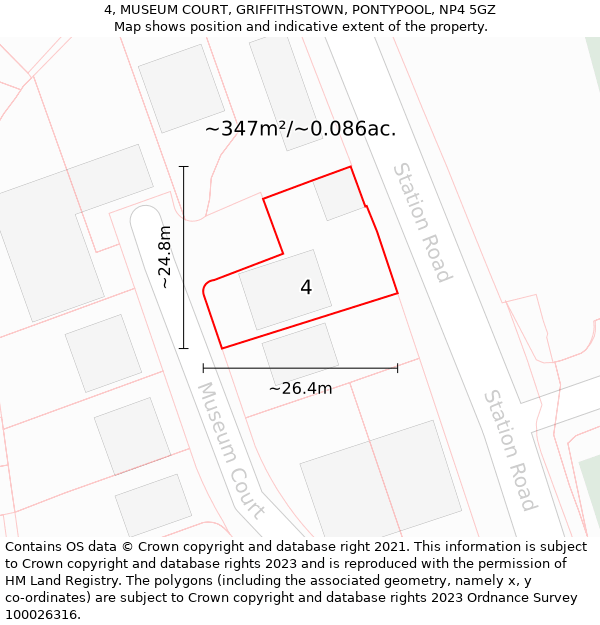 4, MUSEUM COURT, GRIFFITHSTOWN, PONTYPOOL, NP4 5GZ: Plot and title map