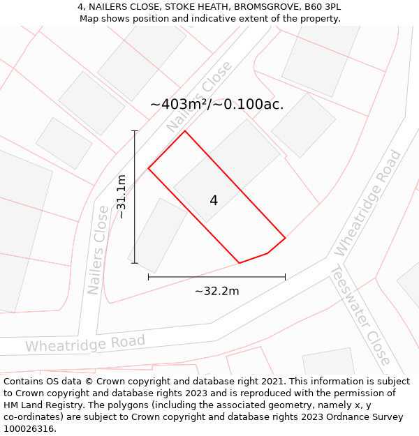 4, NAILERS CLOSE, STOKE HEATH, BROMSGROVE, B60 3PL: Plot and title map