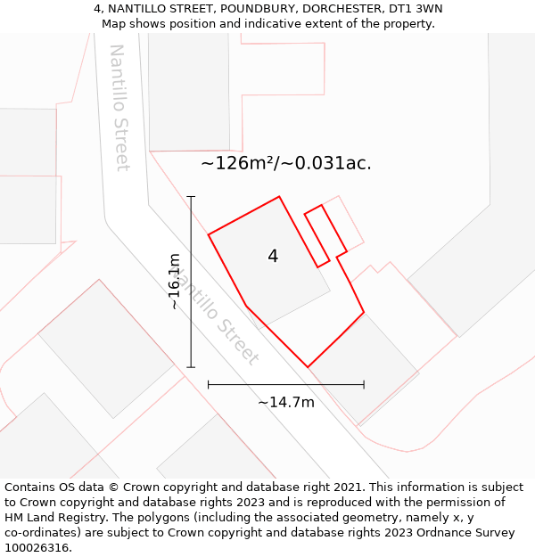 4, NANTILLO STREET, POUNDBURY, DORCHESTER, DT1 3WN: Plot and title map