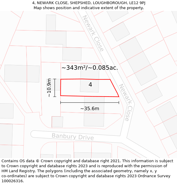 4, NEWARK CLOSE, SHEPSHED, LOUGHBOROUGH, LE12 9PJ: Plot and title map