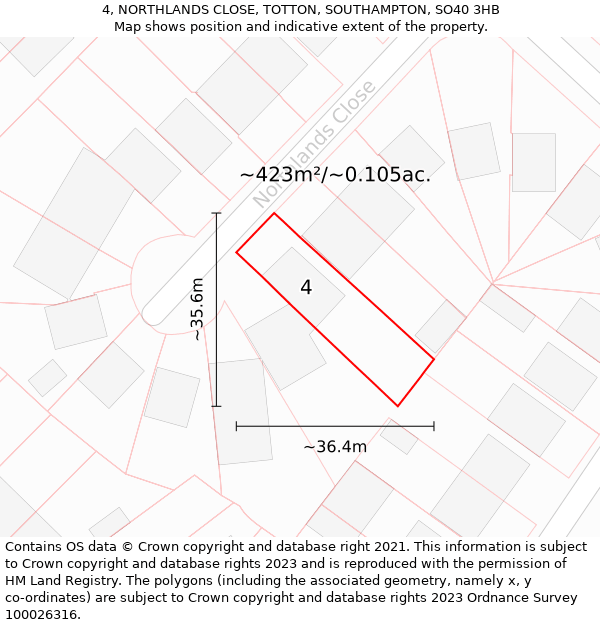 4, NORTHLANDS CLOSE, TOTTON, SOUTHAMPTON, SO40 3HB: Plot and title map