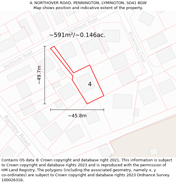 4, NORTHOVER ROAD, PENNINGTON, LYMINGTON, SO41 8GW: Plot and title map