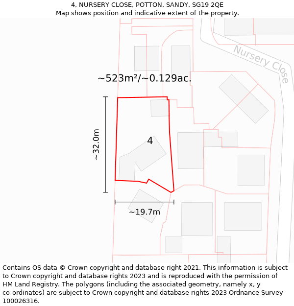 4, NURSERY CLOSE, POTTON, SANDY, SG19 2QE: Plot and title map