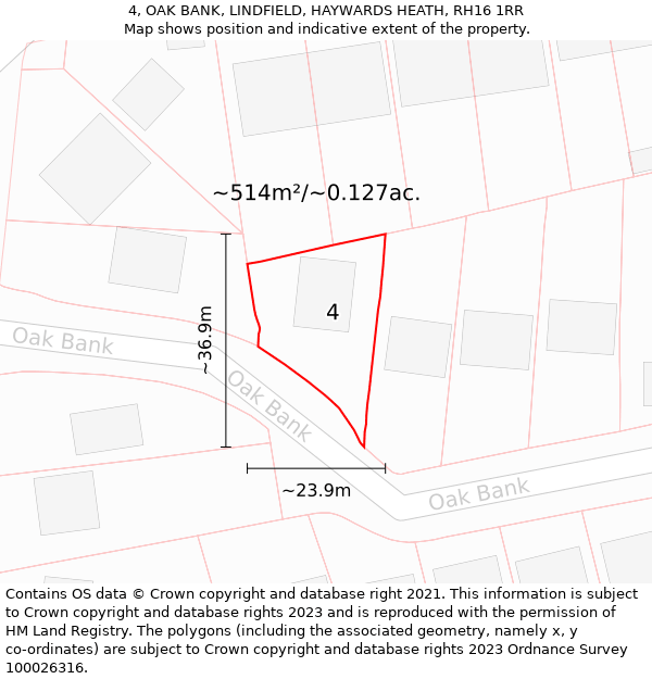 4, OAK BANK, LINDFIELD, HAYWARDS HEATH, RH16 1RR: Plot and title map