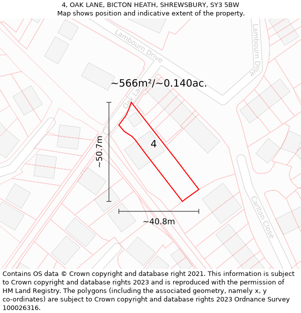 4, OAK LANE, BICTON HEATH, SHREWSBURY, SY3 5BW: Plot and title map