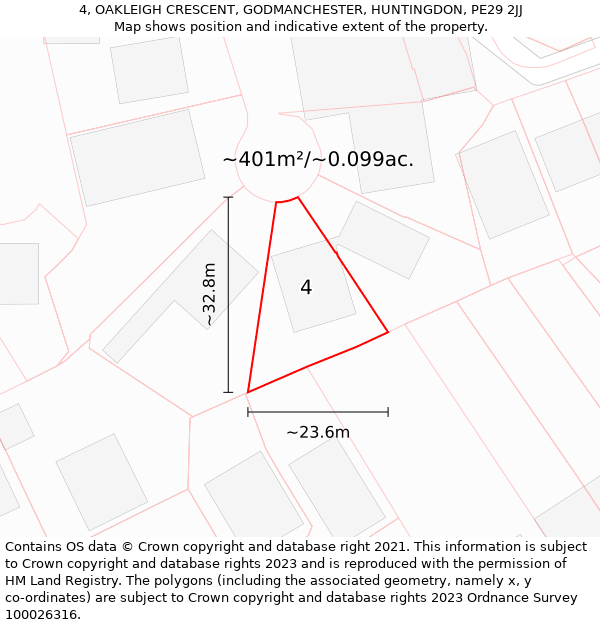 4, OAKLEIGH CRESCENT, GODMANCHESTER, HUNTINGDON, PE29 2JJ: Plot and title map