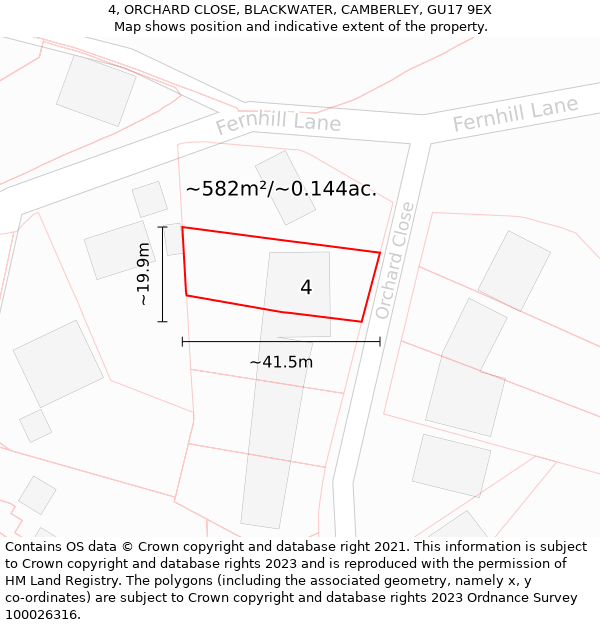 4, ORCHARD CLOSE, BLACKWATER, CAMBERLEY, GU17 9EX: Plot and title map