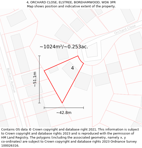 4, ORCHARD CLOSE, ELSTREE, BOREHAMWOOD, WD6 3PR: Plot and title map