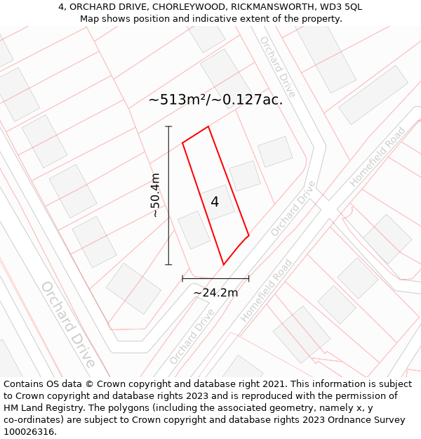 4, ORCHARD DRIVE, CHORLEYWOOD, RICKMANSWORTH, WD3 5QL: Plot and title map