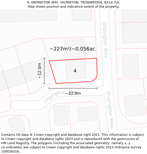 4, ORPINGTON WAY, HILPERTON, TROWBRIDGE, BA14 7UL: Plot and title map