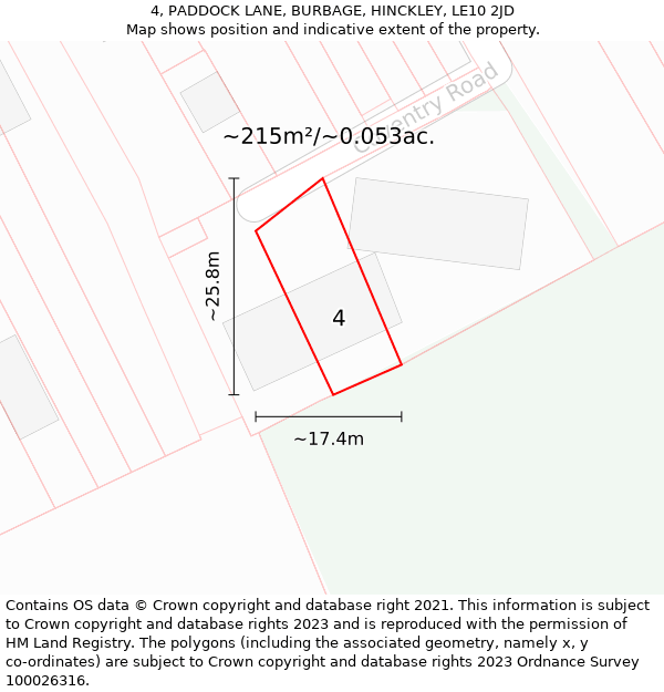 4, PADDOCK LANE, BURBAGE, HINCKLEY, LE10 2JD: Plot and title map