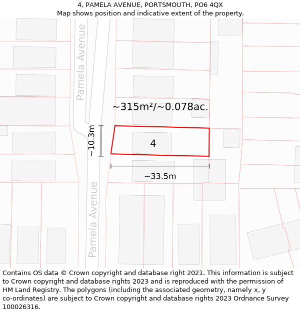 4, PAMELA AVENUE, PORTSMOUTH, PO6 4QX: Plot and title map