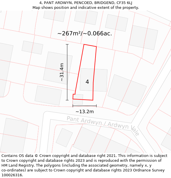 4, PANT ARDWYN, PENCOED, BRIDGEND, CF35 6LJ: Plot and title map