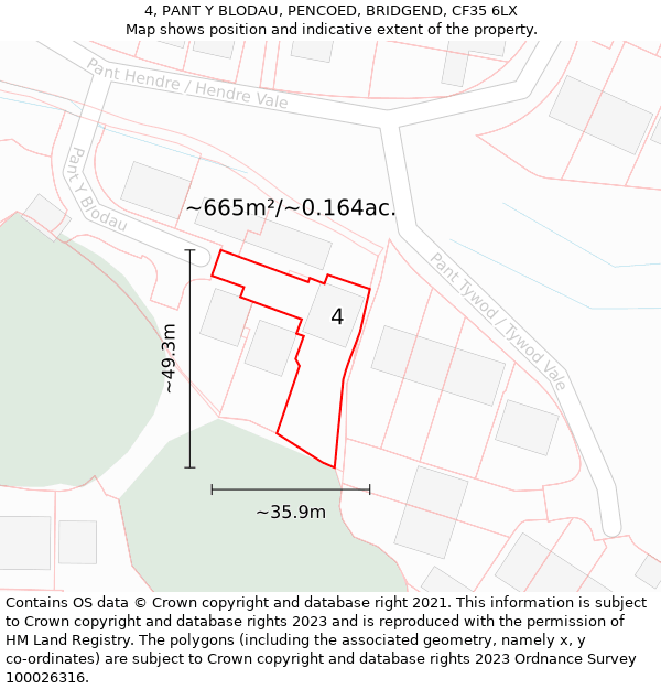 4, PANT Y BLODAU, PENCOED, BRIDGEND, CF35 6LX: Plot and title map