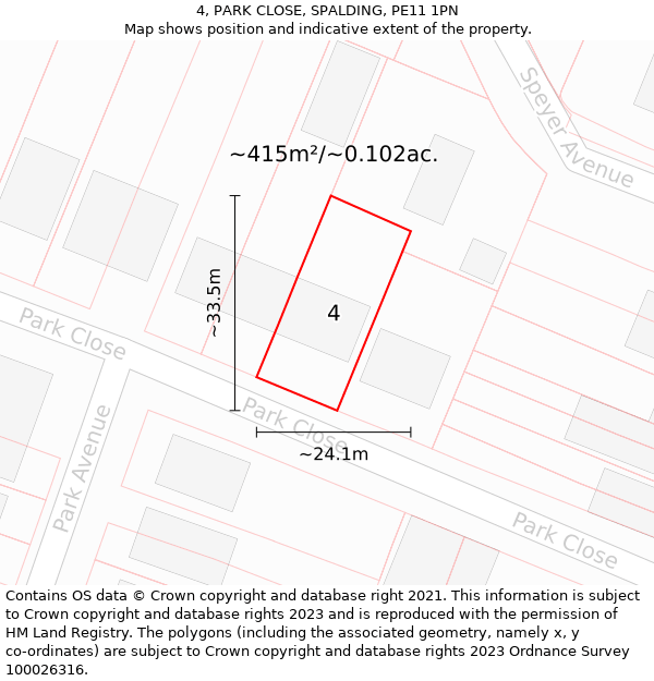 4, PARK CLOSE, SPALDING, PE11 1PN: Plot and title map