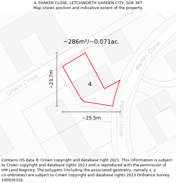 4, PARKER CLOSE, LETCHWORTH GARDEN CITY, SG6 3RT: Plot and title map