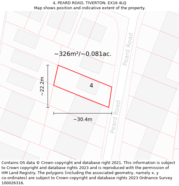 4, PEARD ROAD, TIVERTON, EX16 4LQ: Plot and title map