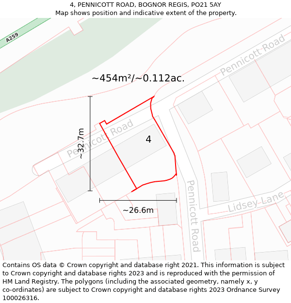 4, PENNICOTT ROAD, BOGNOR REGIS, PO21 5AY: Plot and title map