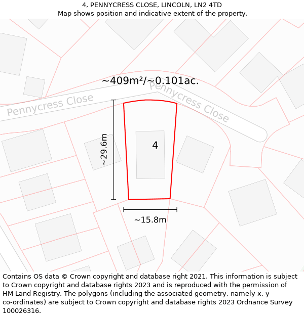 4, PENNYCRESS CLOSE, LINCOLN, LN2 4TD: Plot and title map