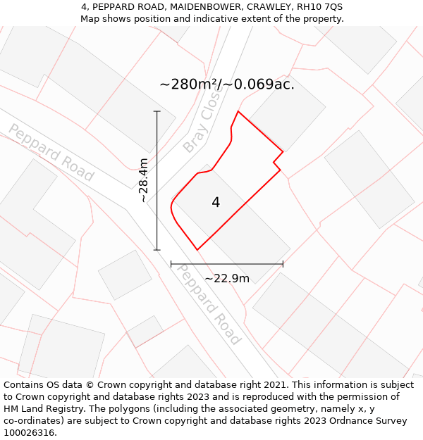 4, PEPPARD ROAD, MAIDENBOWER, CRAWLEY, RH10 7QS: Plot and title map