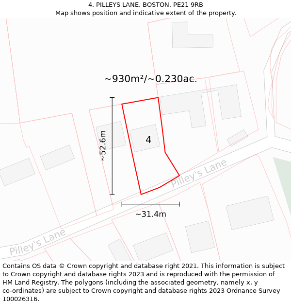 4, PILLEYS LANE, BOSTON, PE21 9RB: Plot and title map